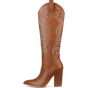 Women's Brownpu Chunky Knee High Block Heels Cowgirl Embroidered Boots Wide Calf
